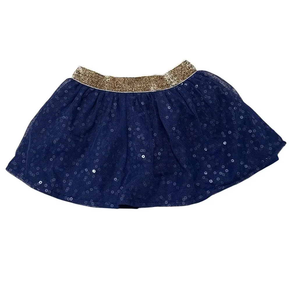 OshKosh B'gosh Navy Blue Sequin Tulle Tutu Skirt Gold Glitter Glam Size 12M